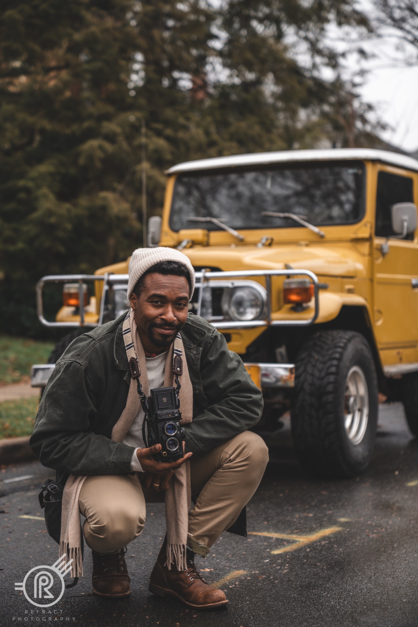 William Ramsey with a twin-lens camera and the FJ40